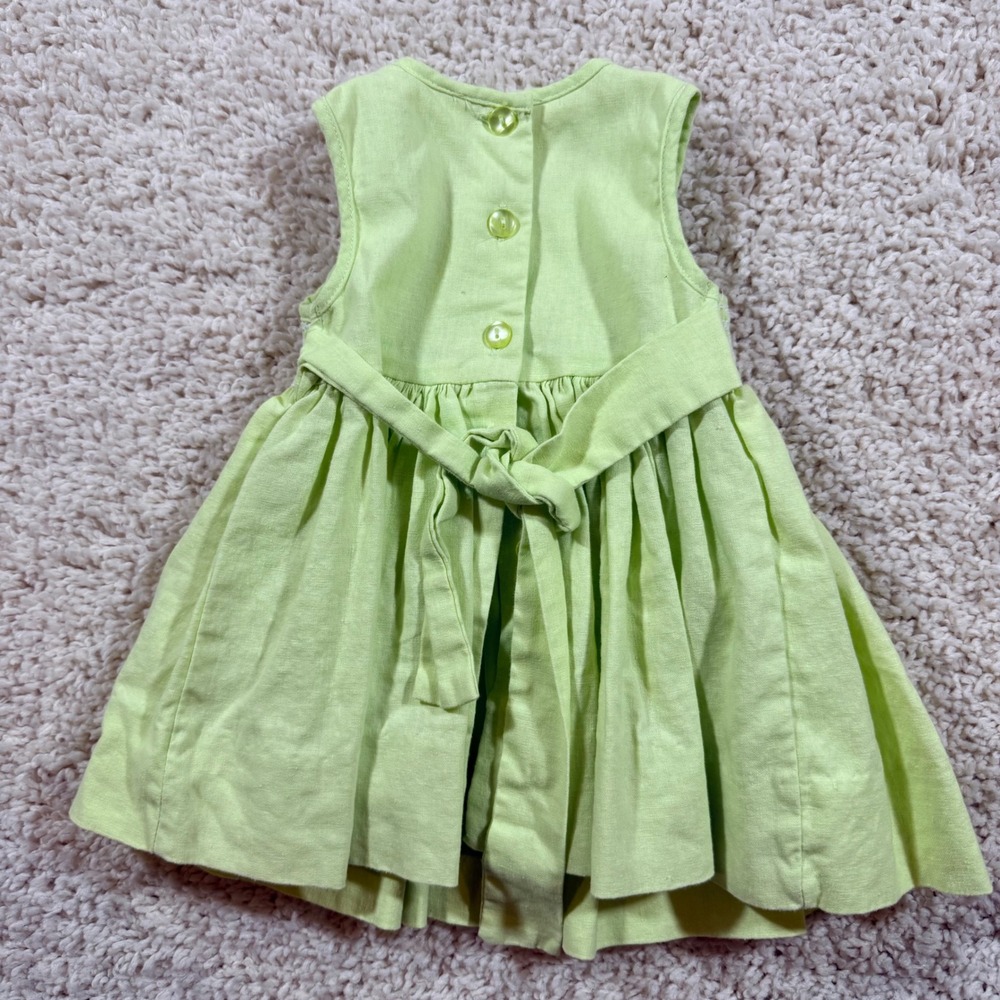 Vintage First Impressions Lime Green Smocked Linen Dress 0-3 M Cottagecore - Picture 2 of 7